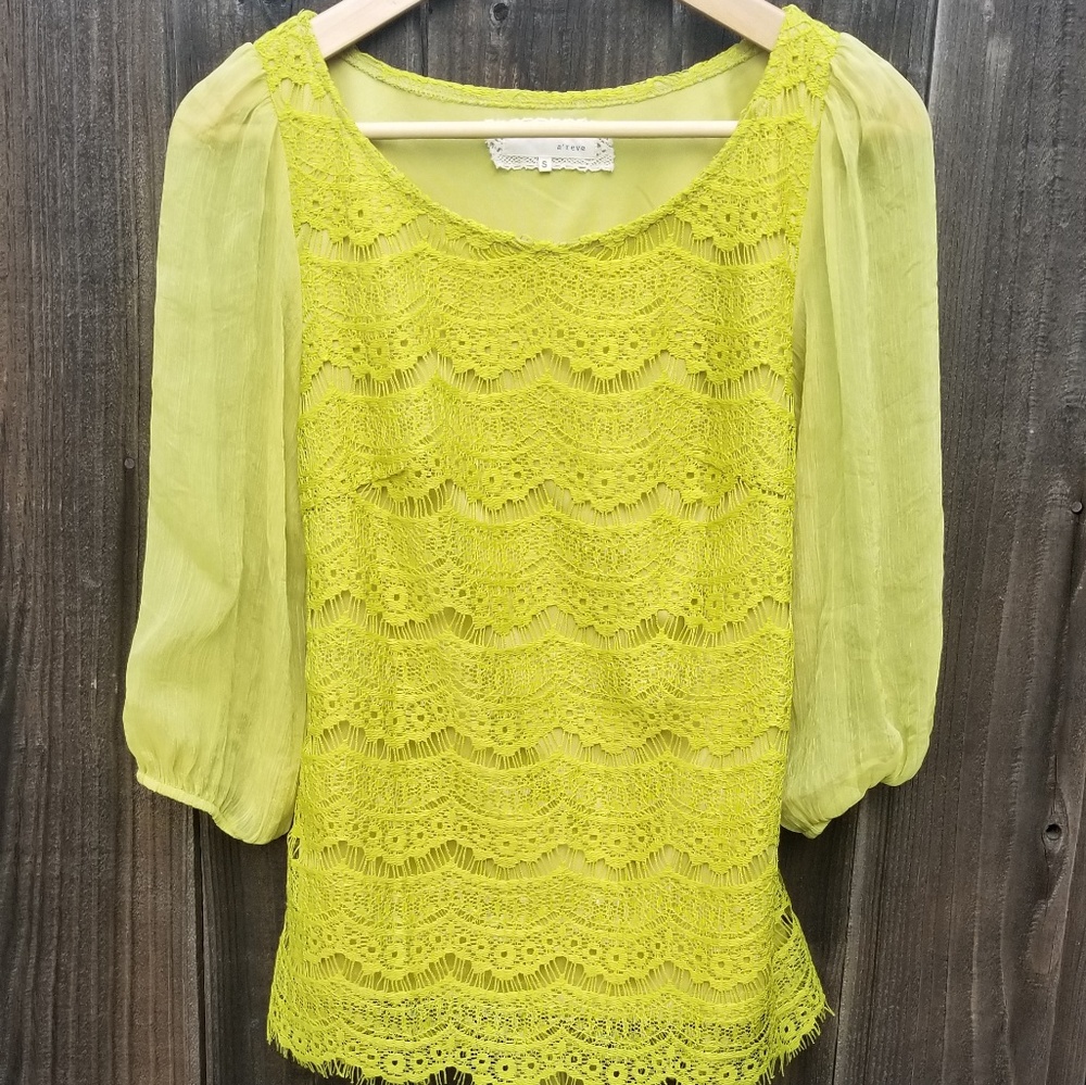 A'reve Lace sheer sleeved green top size S